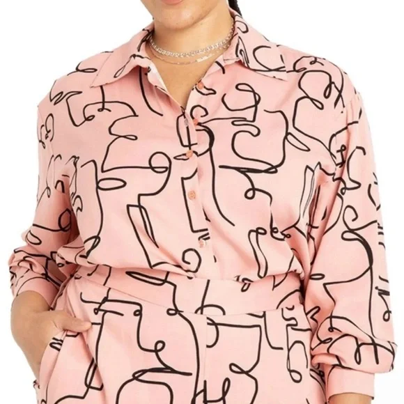 Elloqui Pink Abstract Print Button-Up Shirt and Pant Set - Picture 1 of 4